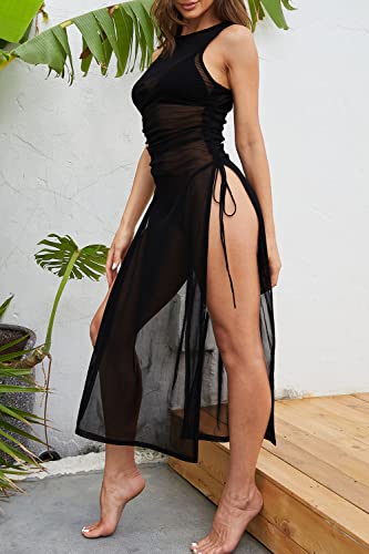 Jumppmile Women's Sheer Mesh Long Sleeve See Through Swimwear Bikini Cover Up Dress2