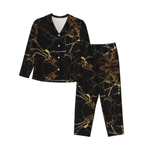 Pyjama classique boutonné haut de gamme en noir et or imprimé XXL