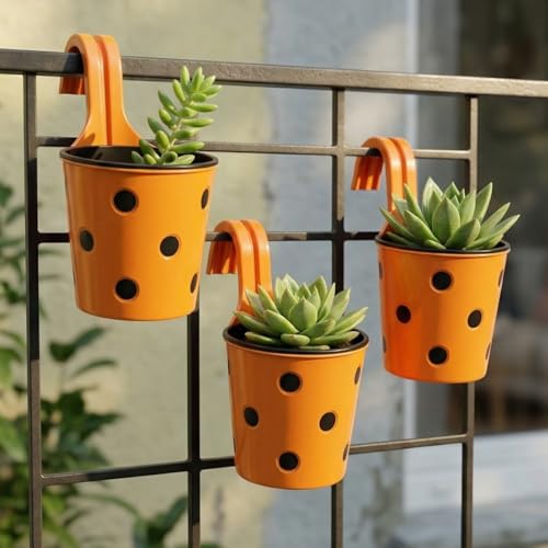 Image of Premium Hook Planter with Inner Pot | Polka Dot Hanging Planter for Balcony & Railings | Sturdy Plastic | Built-in Drainage | Vibrant Colours | Indoor & Outdoor Gardening (3, Orange)