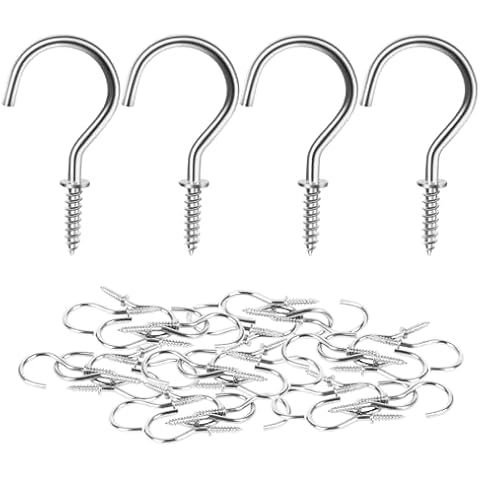 MewuDecor Screw Hooks, 1" Wood Wall Ceiling Hooks Plant Hooks Indoor Outdoor for Utensils Plants Baskets Lights Wreaths, Silver, 50 PCS Cover