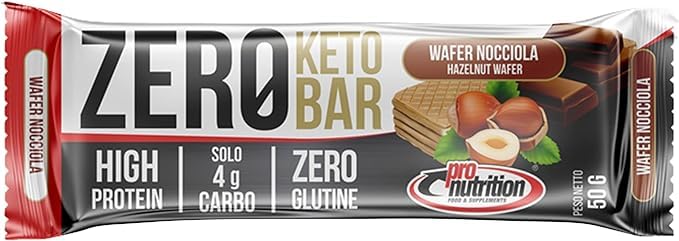ProNutrition ZERO KETO BAR - Barrette Proteiche Ricoperte Senza Glutine - Ad Alto Contenuto di Proteine Gusto Wafer Nocciola - Box da 25 Barrette - 50 gr