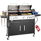3 Burner Propane Gas and Charcoal Grill Combo with Side Burner & Porcelain-Enameled Cast Iron Grates, 37,000 BTUs 685 SQIN Dual Fuel Outdoor BBQ Grill for Patio Garden Picnic Backyard Barbecue Cooking