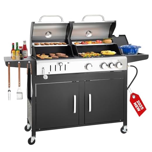 3 Burner Propane Gas and Charcoal Grill Combo with Side Burner & Porcelain-Enameled Cast Iron Grates, 37,000 BTUs 685 SQIN Dual Fuel Outdoor BBQ Grill for Patio Garden Picnic Backyard Barbecue Cooking