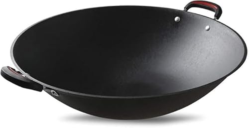 Rutexc 黒色の中華鍋 厚型設計 二重耳付き コーティングなしノンスティック 丸底 家庭用 多目的調理対応