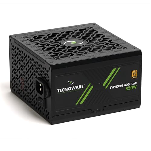 Tecnoware Fuente de Alimentación Typhoon 850W, 80 Plus Gold, Full Modular, Gaming, Ventilador Silencioso de 12 cm, Condensadores Japoneses 105°C, Circuito DC-DC, Cables Planos
