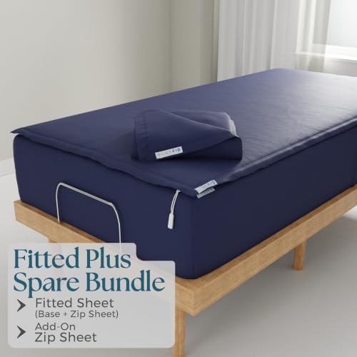 Image of QuickZip Fitted Plus Spare Bundle: 1 Fitted Sheet (Base + Zip Sheet) & 1 Zip Sheet - Easy to Change, Won't Pop Off - Soft Percale 400 TC 100% Cotton - 15 inch Deep Pockets Twin XL Size Sheets - Deep Navy