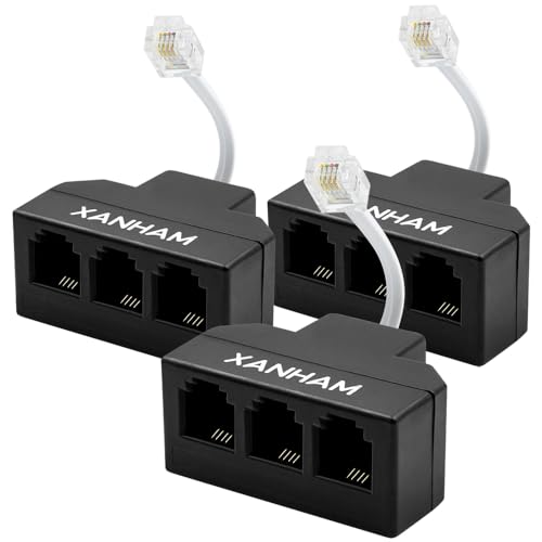 RJ11 Cable 3 Way Splitter(3 Pack) 6P4C Connector Phone Line Cord Adapter with 3 inch Cable for Landline Telephone Wire, Black, AV01304