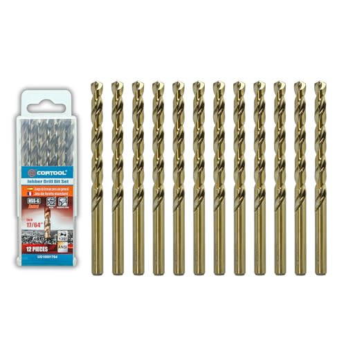 CORTOOL 17/64 inch Cobalt Drill Bits (12Pcs) M35 HSS Metal Jobber Length Twist Drill Bit Set for Hard Metal Stainless Steel Iron Copper Aluminium Brass Plastic & Wood