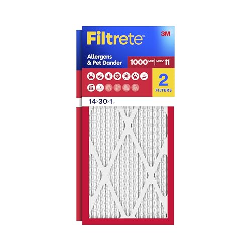 Filtrete 14x30x1 Air Filter, MERV 11, MPR 1000, Allergens & Pet Dander, 3-Month AC and Furnace Filters, Cleaner Air, Reliable Airflow, 2 HVAC Filters (Actual Size 13.68 x 29.68 x 0.81 in)