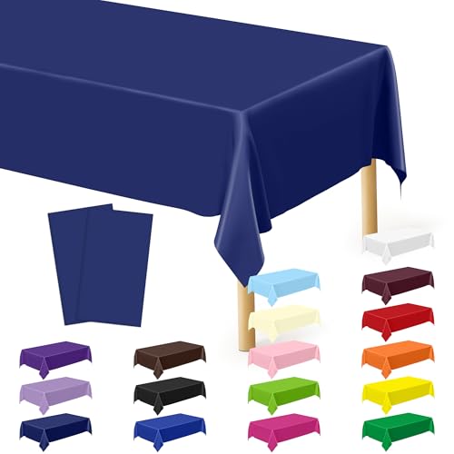 Image of QZYL 2 Pack Navy Blue Tablecloths, 108 x 54 Inches Plastic Table Cloth, Disposable Rectangle Tablecloth Party Tablecover, Waterproof Party Supplies Table Decor for Wedding Picnic Gathering