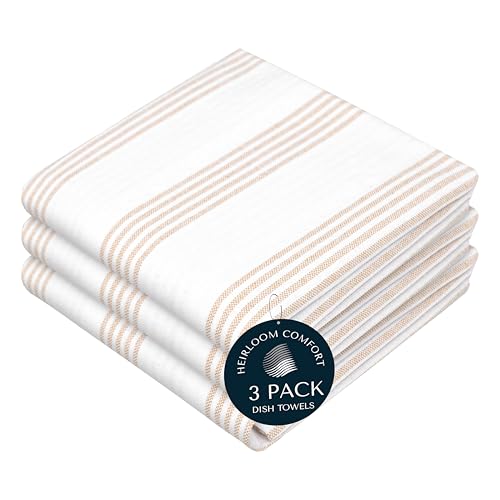 HEIRLOOM COMFORT Beige Stripe Kitchen Towels, 3 Pack, 100% Cotton, Super Absorbent and Quick Dry, Multi Pin Striped Towel Set, Durable Dish Cloths for Kitchen Use, Cleaning & Drying Dishes