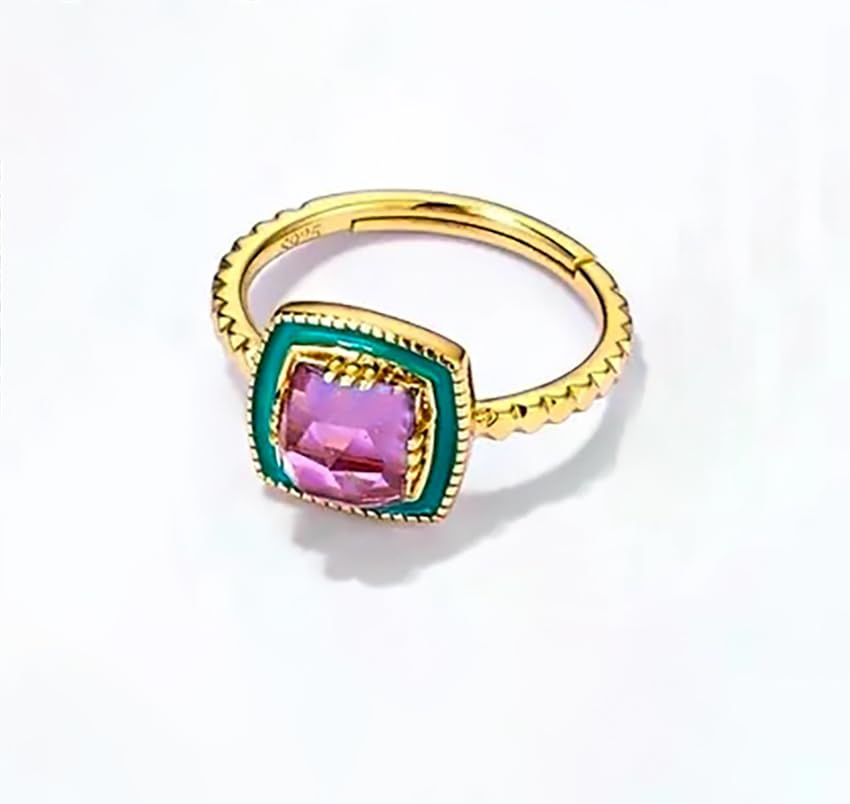 Bague ajustable en plaqué or améthyste violette et émail vert taille 6.6 - 3