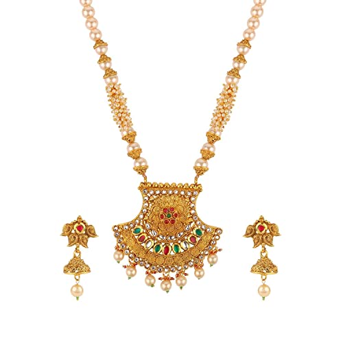 Efulgenz Indian Bollywood Traditional 14 K Gold Plated Crystal Kundan Pearl Beaded Wedding Temple Choker Necklace Earrings Jewelry set