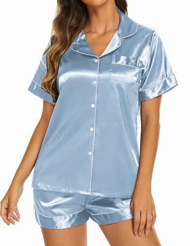 Image of Ekouaer Silk Pajamas for Women Short Sleeve Sleepwear Soft Button Down Loungewear 2 Piece Satin Pjs Shorts Set