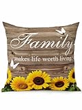Waterproof Outdoor Throw Pillows with Inserts 16"x16", Yellow Sunflowers Soft Decorative Pillowcases for Couch Bedroom, Family Farmhouse Brown Wooden Butterfly Pillow Covers for Sofa Living Room