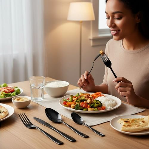 Image of 24 Pcs Black Mirror Polish Stainless Steel Cutlery Set for Dining Table with Spoons and Forks Set + Butterknives - The Perfect Tableware /Flatware