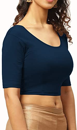 Image of THE BLAZZE 1303 Women's Cotton Scoop Neck Backless Elbow Sleeve Crop Top Readymade Saree Blouse for Women