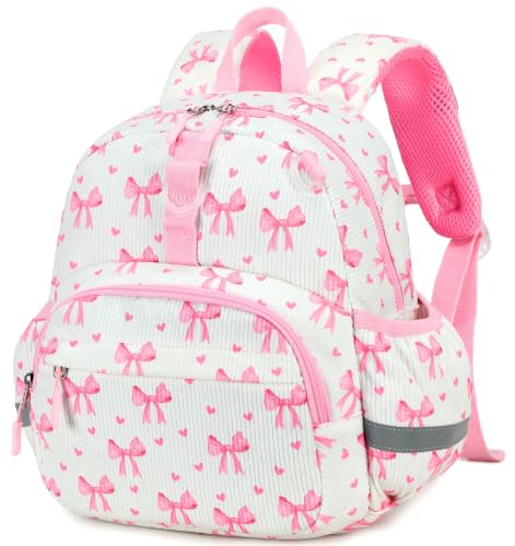 Image of LOIDOU Toddler Backpack for Girls Ages 2-4, 12 Inch Mini Preschool Daycare Bookbag with Insulated Snack Pocket, Corduroy Small Kids Travel Backpack, Pink Bow