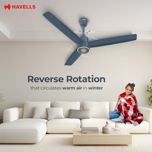 Image of Havells EPIC SIGNIA BLDC Ceiling Fan 1200mm, 5 star, LED Speed Indicator, 380 RPM, Up to 65% Savings,Reverse Rotation,4 Speed Modes,Low Wattage 30W,Low Noise,Air Flow:225 CMM, Denim Blue