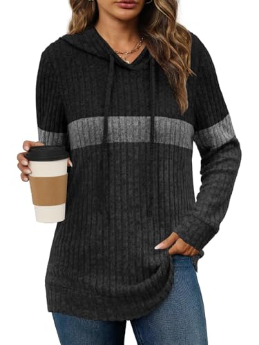 Sweaters for Women Early Fall Clothes Fashion Clothing 2025 Long Sleeve Shirts Trendy Womens Tops Blouses Dressy Casual Essentials Hoodie Oversized Sweatshirt Workout Set School Outfits Black Gray L