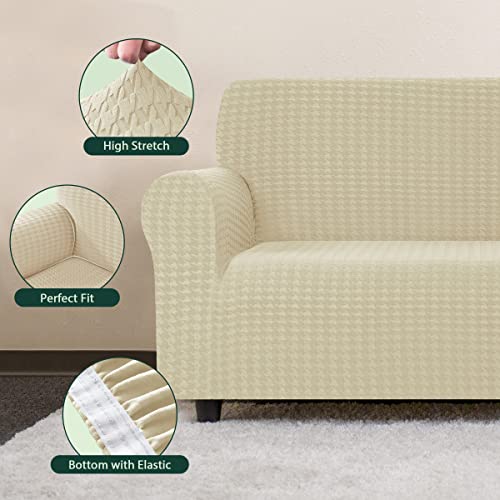 Chun Yi 1 Piece Couch Cover Set, Loveseat Slipcover Bundle Sofa Slipcover For 2 Seater And 3 Seater Couch, Soft Washable Furniture Coat With Elastic Bottom, Spandex Houndstooth Fabric( Ivory White) #TOP5