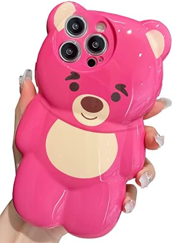 KERZZIL 3D Bear Phone Case Compatible with iPhone 14 Pro Max Case, Cute Cartoon Animal Soft Silicone Shockproof Cover for Women Girls(Rose Red)