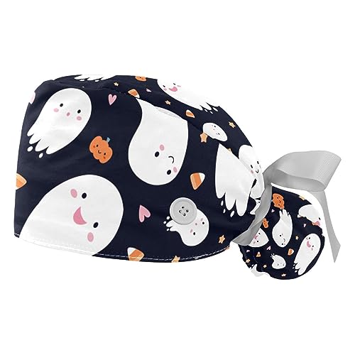 IROLSKDNFH 2 Pcs Women’s Working Caps with Button Cute Halloween Ghost Long Hair Cover Ribbon Lace-Up Hat