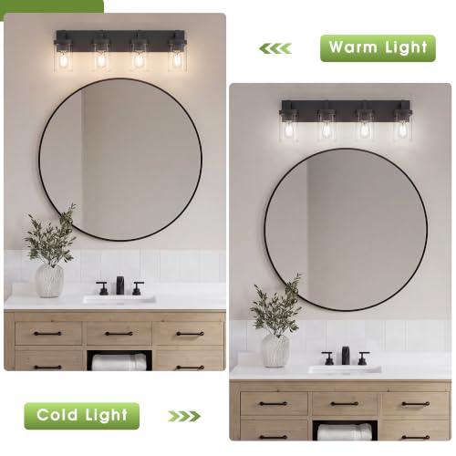 Image of Bathroom Vanity Light, 4 Light Matte Black Vanity Light with Clear Glass Shade, 30in Farmhouse Vanity Light, Bathroom Lighting Fixtures Over Mirror for Bathroom