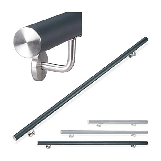 Relaxdays, anthrazit Handlauf Aluminium, rund, Treppengeländer innen & außen, matt, 200 cm, Ø 42mm, mit Wandhalterung, Edelstahl, 2000 mm, 10026021_633