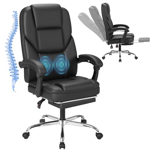 Image of Furmax Massage Office Chair with Foot Rest Executive Big and Tall Office Chair Ergonomic Home Office Desk Chairs, Reclining High Back Leather Chair with Lumbar Support, 400LBS (Black)