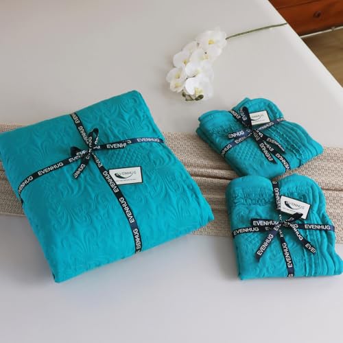 Image of EVENHUG Oversized Quilts Set King Size 3 Piece Bedding Set Reversible Bedspread with 2 Pillow Shams Coverlet Lightweight Soft Bed Cover for All Season(120 inchX128 inch,Teal Blue)