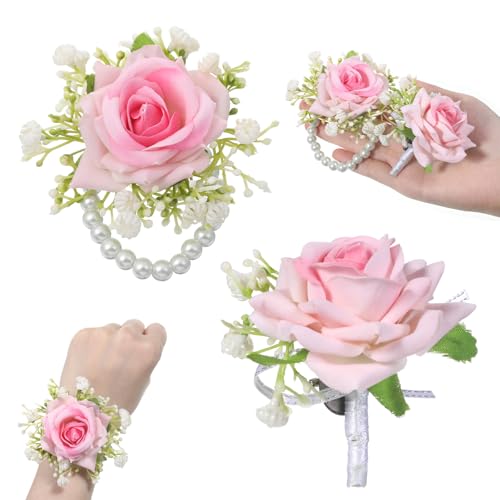 ElevateTech Wrist Corsage and Boutonniere Set 2Pcs Artificial Rose Flower Corsage Wristlet and Boutonniere for Wedding Prom Party Decor Flowers Accessories for Groom Groomsmen Bride Bridesmaids Pink