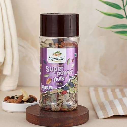 Image of Sapphire Dry Nuts Trail Mix 250 g | 7 in 1 Superfoods | California Almond | Cashews | Cranberries | Dates | Pumpkin Seeds | Green & Black Raisins | High Protein | Fibre-Rich | Oil-Free | Non-Salted | Healthy Snack for Anytime Energy | Dry fruit mix | Mix nuts | Resusable jar