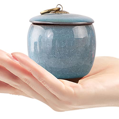 KINMAD Kleine decoratieve keramische urn, hemelsblauw, houdt 5,5 kubieke inch as, mini-aandenkurn met prachtige doos