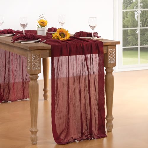 DeZerlor Burgundy Cheesecloth Table Runner Summer Sheer Red Cheese Cloth Table Runner Boho Gauze 120 Inches Summer Table Decorations for Weddings Bridal Baby Shower Candlelight Dinner Decor