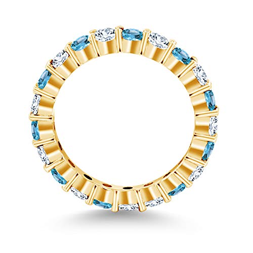 Gem Stone King 1.50 Cttw Round Swiss Blue Topaz and White Created Sapphire 18K Yellow Gold Plated Silver Eternity Band Alternate Ring | Round 3MM | Available In Size 5, 6, 7, 8, 93
