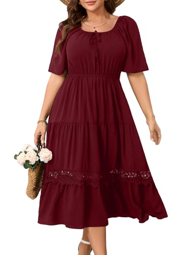 Image of RWJ Women's Plus Size Maxi Dress Short Sleeve Square Neck Flowy A-Line Lace Trim Flutter Party Casual Off Shoulder Dresses