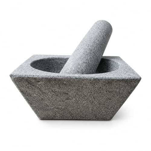 Image of NUTRION Square Granite Mortar and Pestle Set for Kitchen Spice Grinding, Heavy Duty Stone Herb Crusher Bowl for Garlic, Masala, Chutney & Pesto Preparation, Grey Manual Grinder