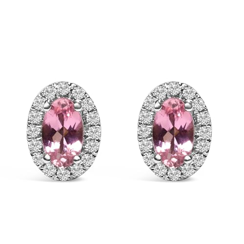 10K White Gold 5x3 MM Oval Pink Tourmaline and Diamond Halo Stud Earrings (I-J Color, I1-I2 Clarity)