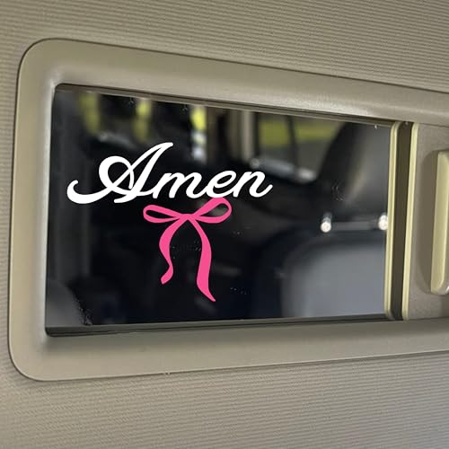 Image of Set 2Pcs Amen and Pink Bow Rearview Mirror Decal - Christian, Catholic Bible Decals, Inspiration Bow Cute, Car Accesories - Water Bottle Window Sticker - Vinyl Waterproof 2x1,5 Inches Stickers