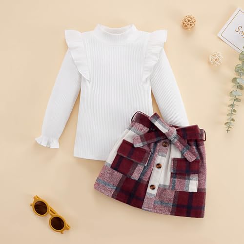 Image of Weixinbuy Toddler Girl Fall Winter Clothes Solid Long Sleeve Ribbed T-Shirt Knit Tops Plaid Button Mini Skirts Set Outfits