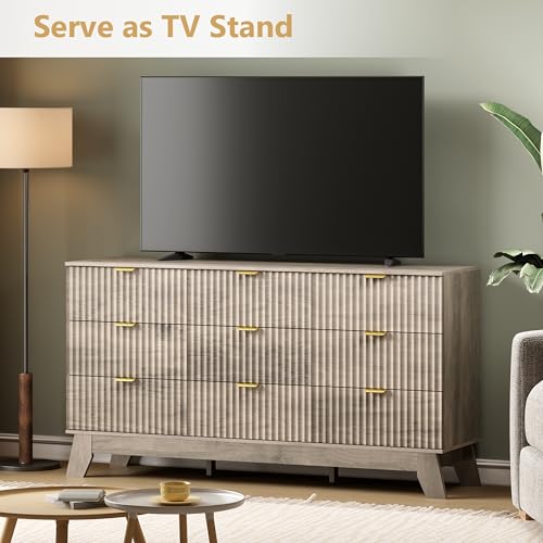 Image of Wodeer 9 Drawer Fluted Dresser for Bedroom, Mid Century Modern Wooden Dresser with 9 Drawers, Dressers & Chests of Drawers with Metal Handle, TV Stand & Storage Organizer for Entryway, Hallway, Oak