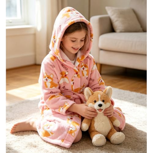 Image of Kids Bathrobe Hooded Plush Fleece Robe for Girls Boys
