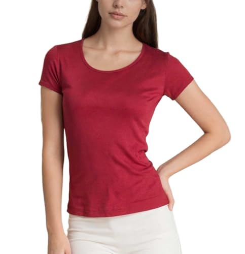 MOROUTLINE Womens Mulberry Silk T Shirts Basic Crewneck Short Sleeve Tee Tops Blouse Summer Casual Solid Tshirts Wine Small
