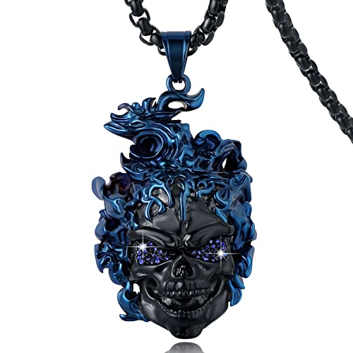 Yami Necklace For Men, Skull Viking Ghost Rider Large Pendant Titanium Steel, Goth Cool Flame Anime Berser Norse Amulet Halloween Jewelry Gifts For Boyfriend/Brother, Black- Blue #TOP16