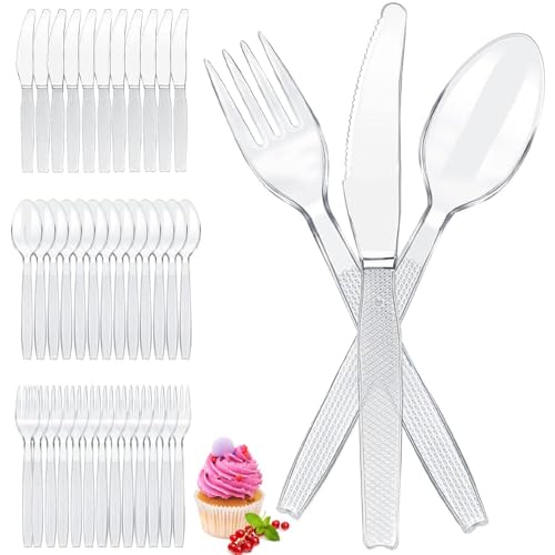 Heavy Duty Plastic Cutlery Set 300 Pieces Clear Plastic Cutlery for Parties Includes 100 Spoons 100 Forks and 100 Knives Reusable and Sturdy for Events Picnics and Gatherings