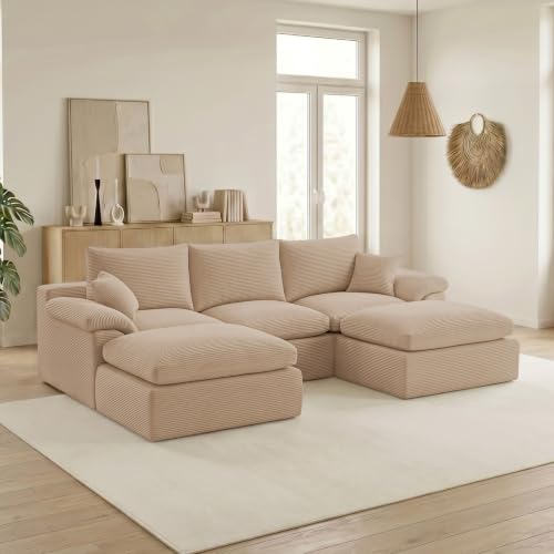 Image of Cloud Sectional Couch, Boneless Couch Modular Sofa, Camel | U shaped, Couches for Living Room & Apartments, Deep Seat & Convertible Ottoman, Kid & Pet Friendly, Family Ready