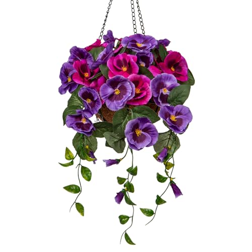 Briful Small Fake Flowers Hanging Basket, Pansy Artificial Flowers, Realistic Silk Spring Bloom Faux Flowers, 5 ⅞’’ Coconut Basket, for Home Farmhouse Balcony Outdoor Patio Garden Decor