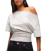 Ainangua Off The Shoulder Tops for Women Stretchy Striped Short Sleeve Asymmetric Y2k Top Summer ...