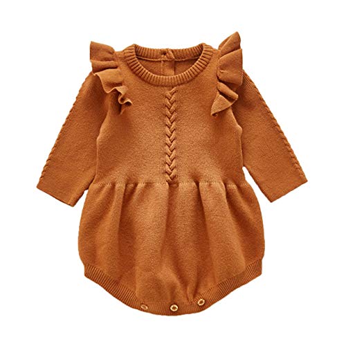 Toddler Girls Knitted Jumpsuit Solid Color Romper Little Kids Ruffle Long Sleeve Bodysuit for Baby Girls Casual Playsuit Back Button Soft Cotton Onesie for Halloween Rust 18-24 Months